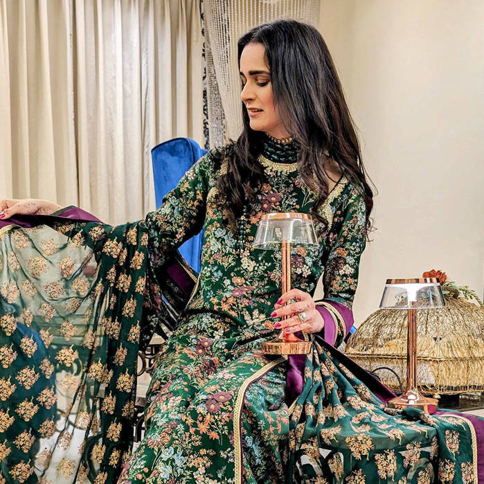Picture of Nitiya gracing our leaf green ensemble