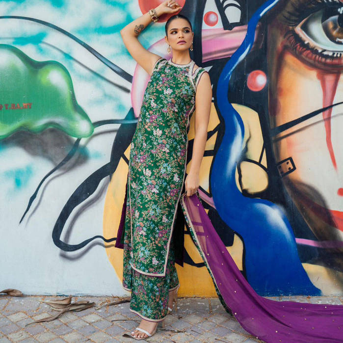 Picture of Aastha Elevate your fashion game with our eye-catching leaf green ensemble